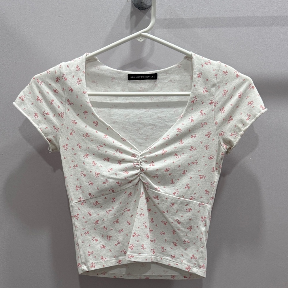 Brandy Melville Cream Floral Ruched Blouse